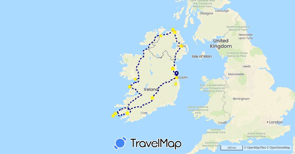 TravelMap itinerary: driving, bus, hiking in Ireland (Europe)