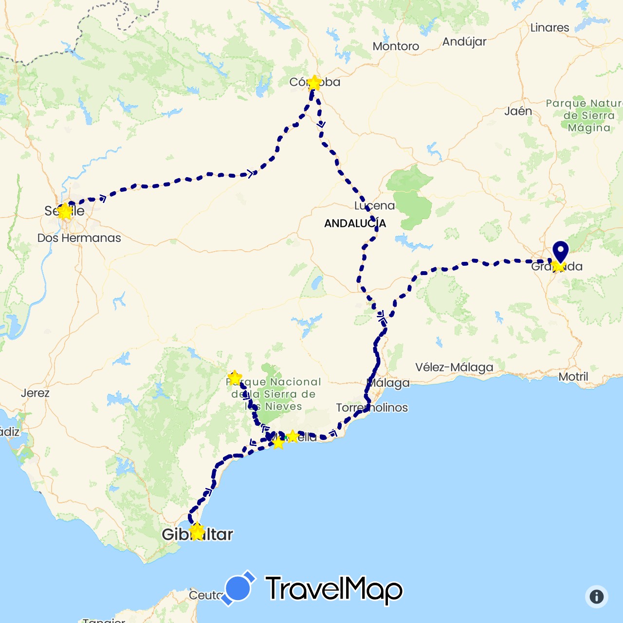 TravelMap itinerary: driving, bus, hiking, electric vehicle in Gibraltar (Europe)