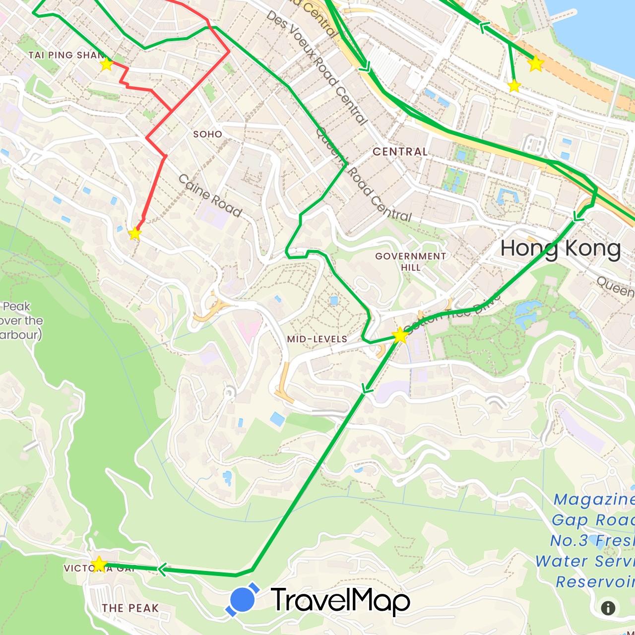 TravelMap itinerary: driving, bus, hiking, boat