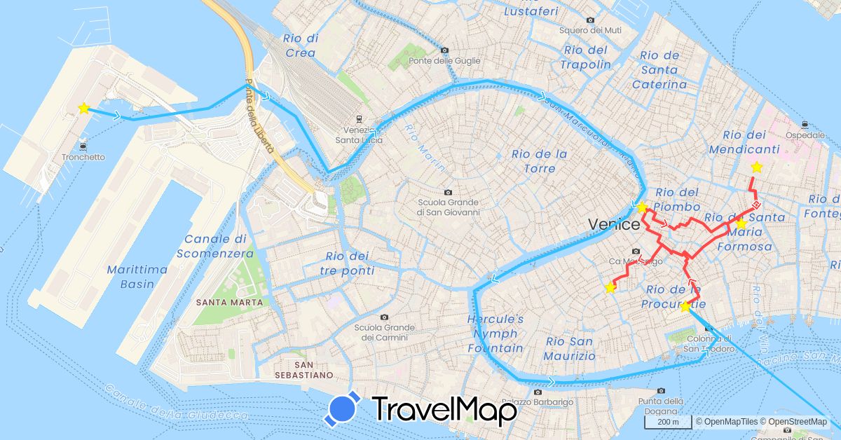 TravelMap itinerary: driving, hiking, boat