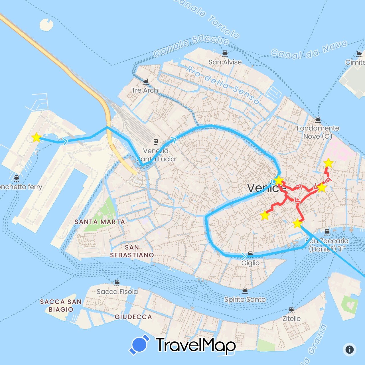 TravelMap itinerary: driving, hiking, boat