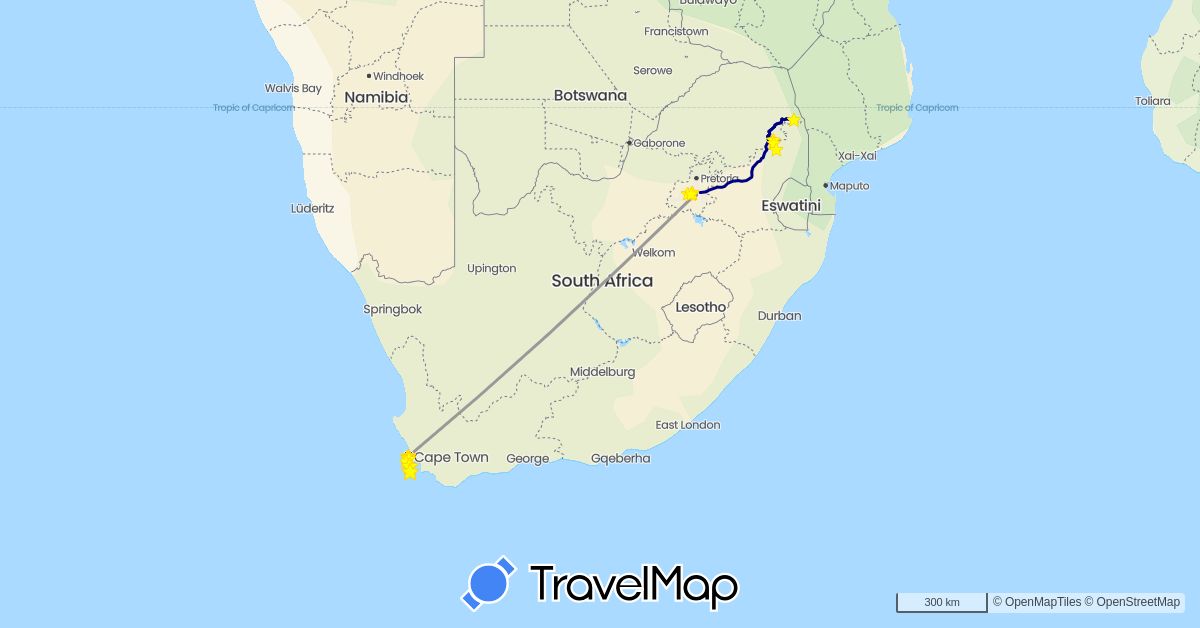 TravelMap itinerary: driving, plane, electric vehicle