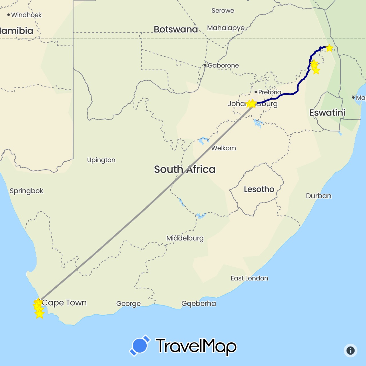 TravelMap itinerary: driving, plane, electric vehicle