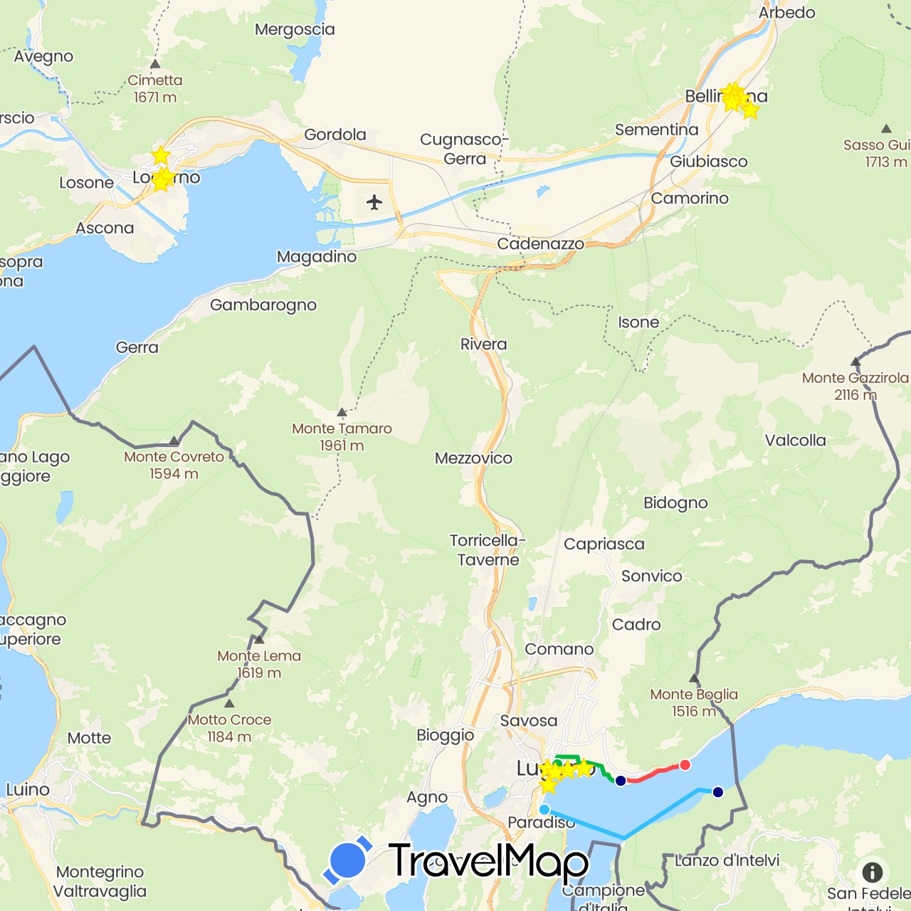 TravelMap itinerary: driving, bus, hiking, boat