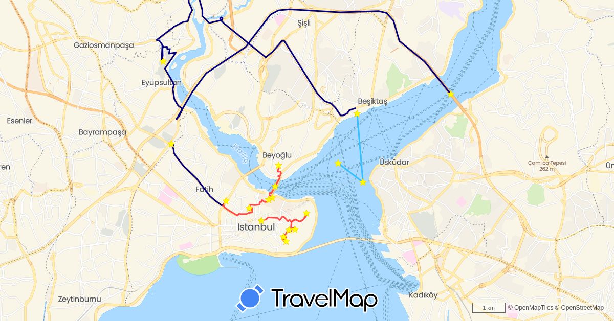 TravelMap itinerary: driving, hiking, boat