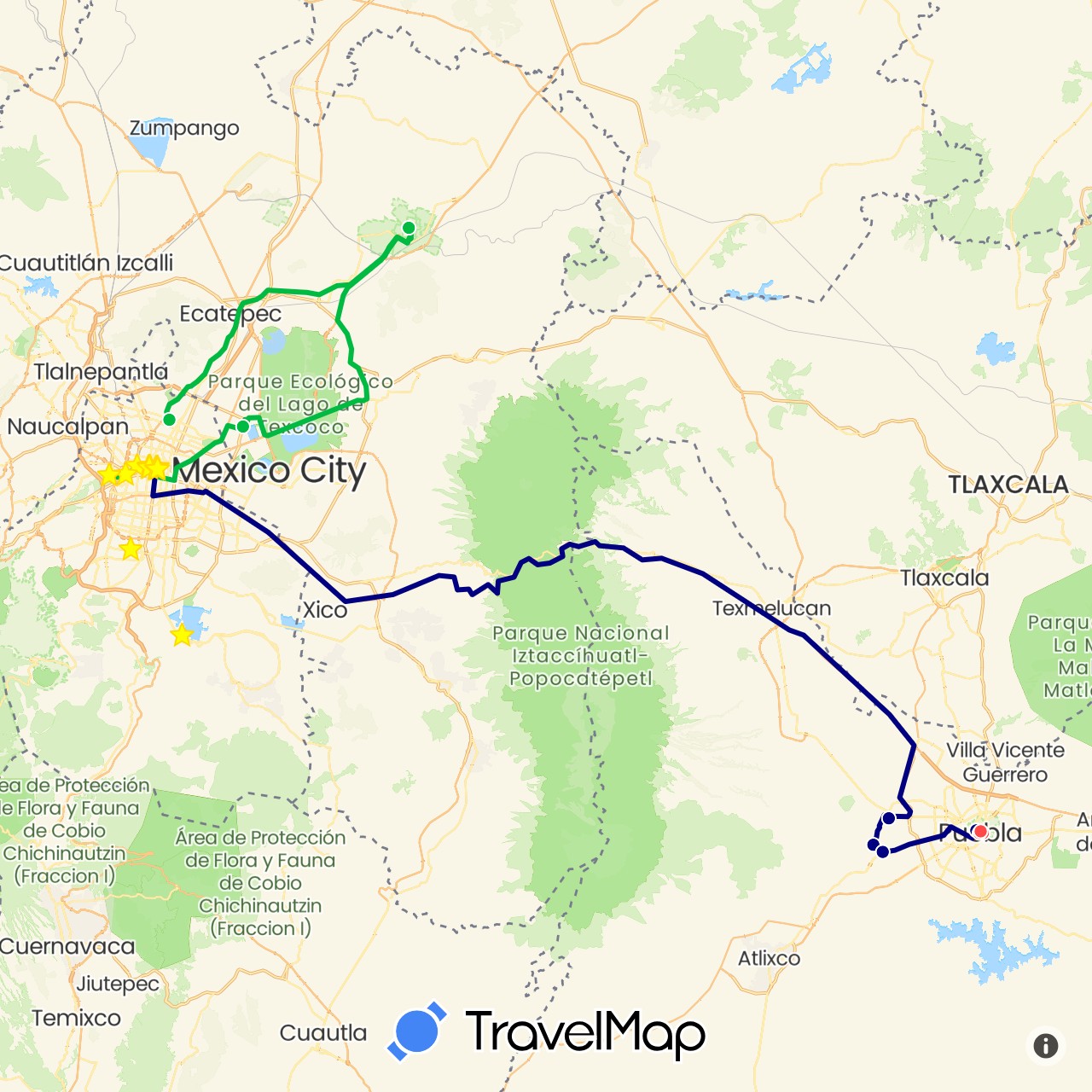 TravelMap itinerary: driving, bus, hiking