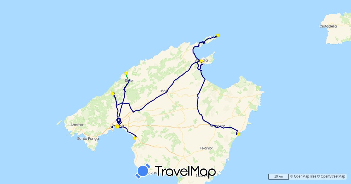TravelMap itinerary: driving, bus, hiking