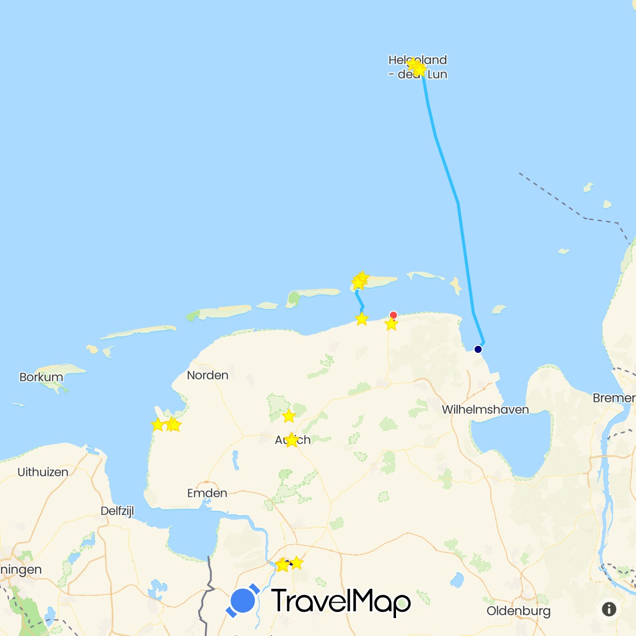 TravelMap itinerary: driving, hiking, boat, electric vehicle in Germany (Europe)