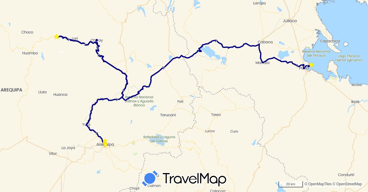 TravelMap itinerary: driving, hiking, boat in Peru (South America)