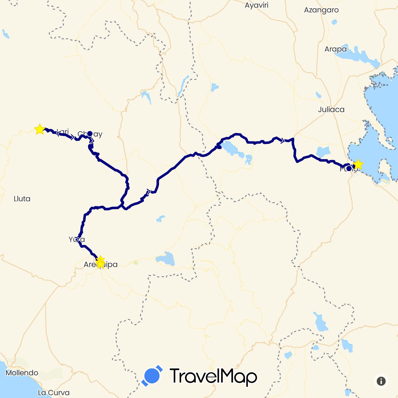 TravelMap itinerary: driving, hiking, boat in Peru (South America)