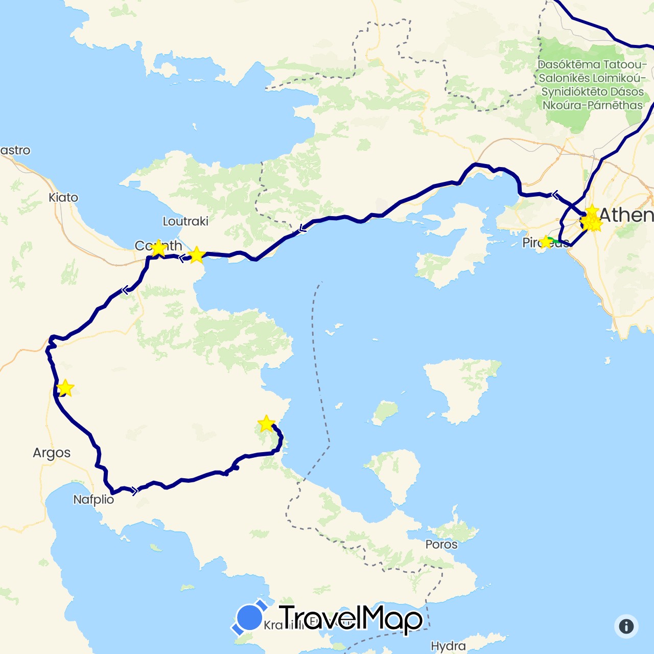 TravelMap itinerary: driving, bus, hiking