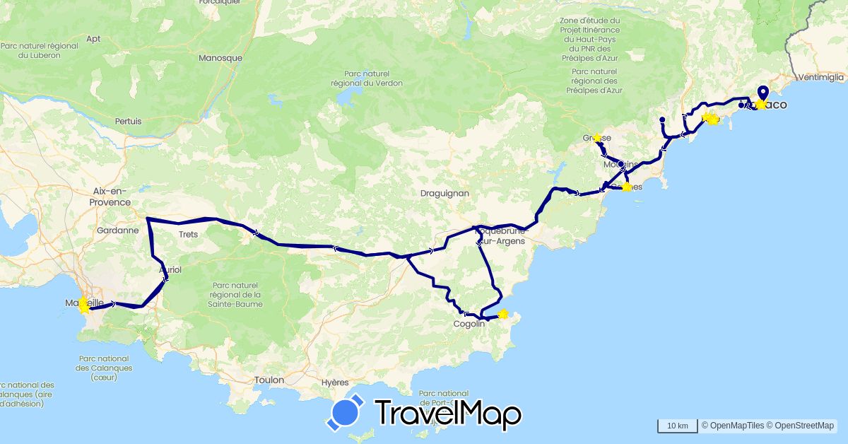 TravelMap itinerary: driving, hiking