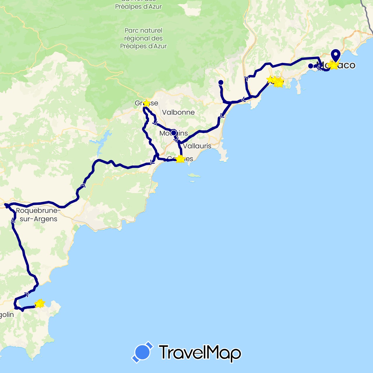 TravelMap itinerary: driving, hiking