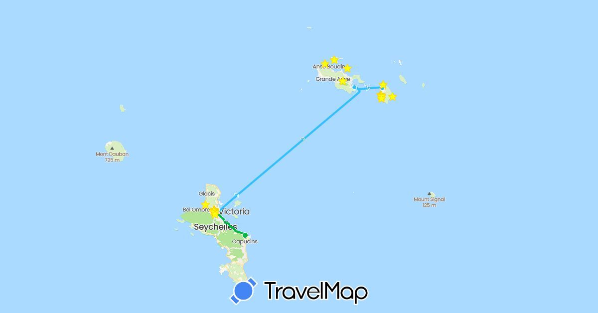 TravelMap itinerary: driving, bus, hiking, boat in Seychelles (Africa)