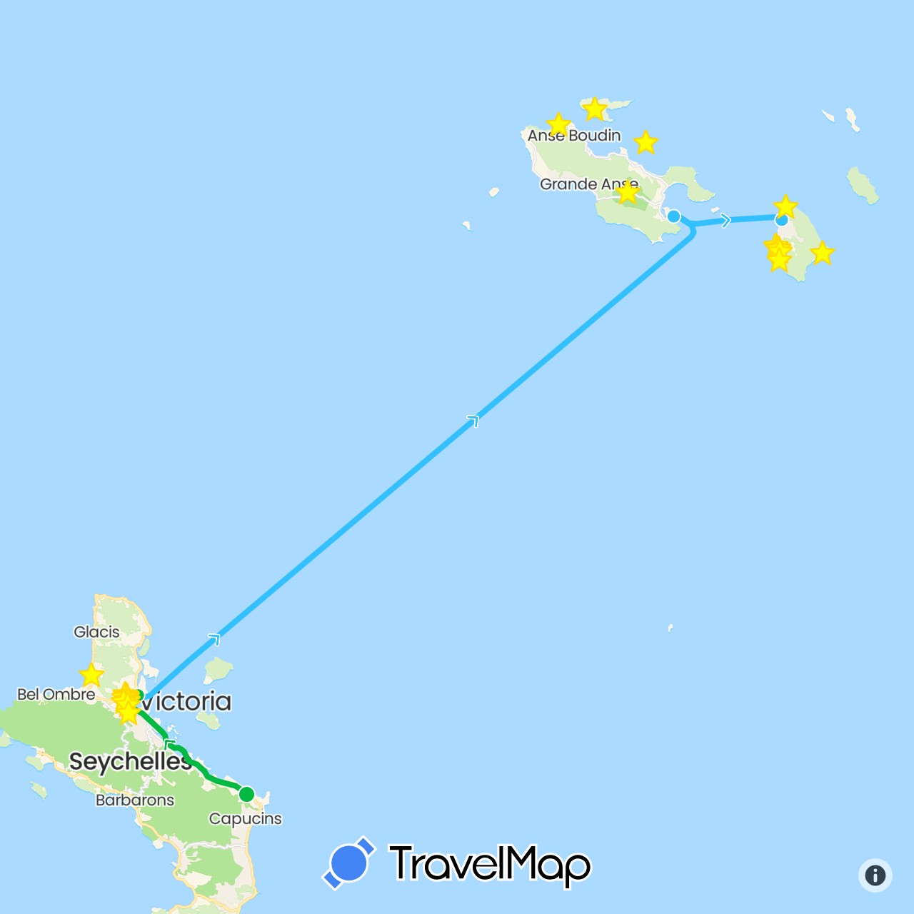 TravelMap itinerary: driving, bus, hiking, boat in Seychelles (Africa)