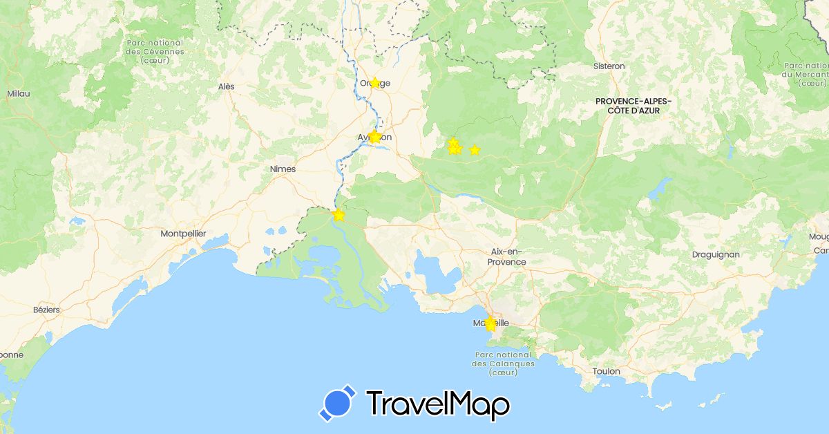 TravelMap itinerary: driving, hiking, boat