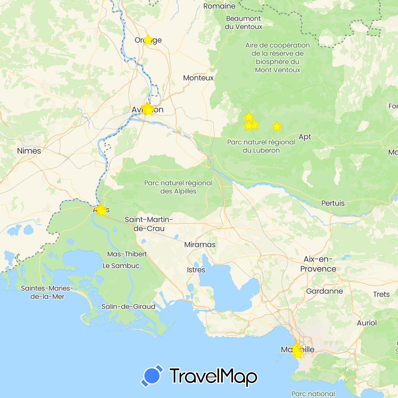 TravelMap itinerary: driving, hiking, boat