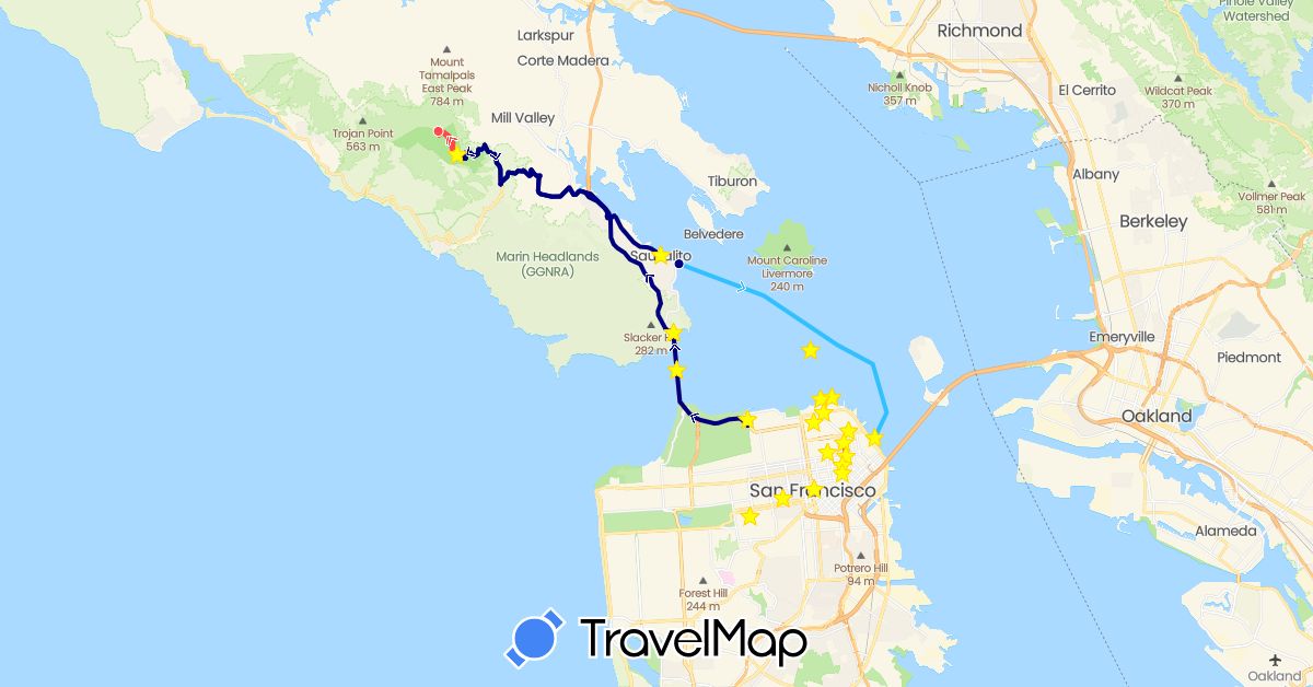 TravelMap itinerary: driving, hiking, boat