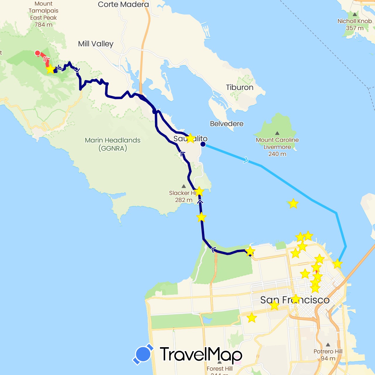 TravelMap itinerary: driving, hiking, boat