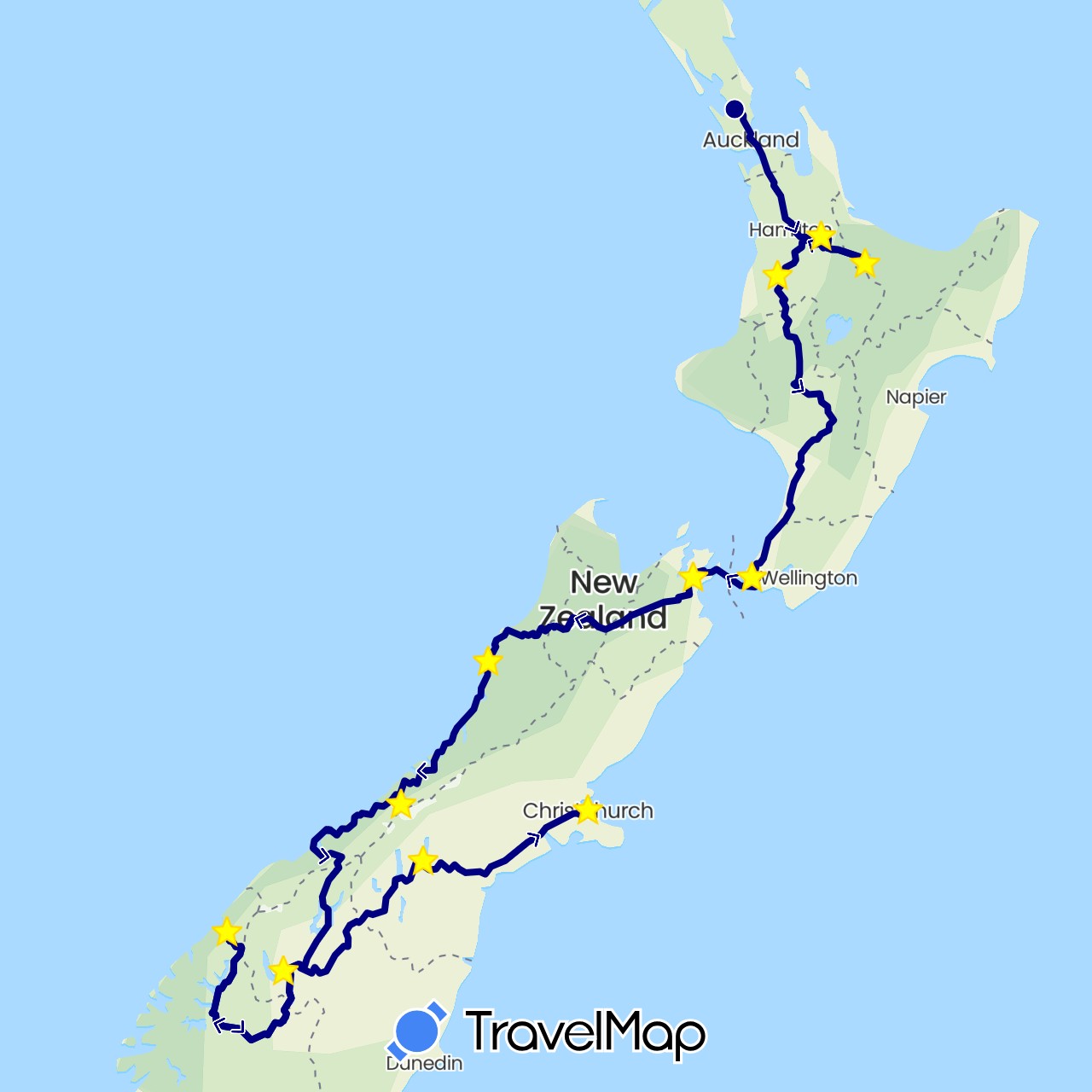 TravelMap itinerary: driving in New Zealand (Oceania)
