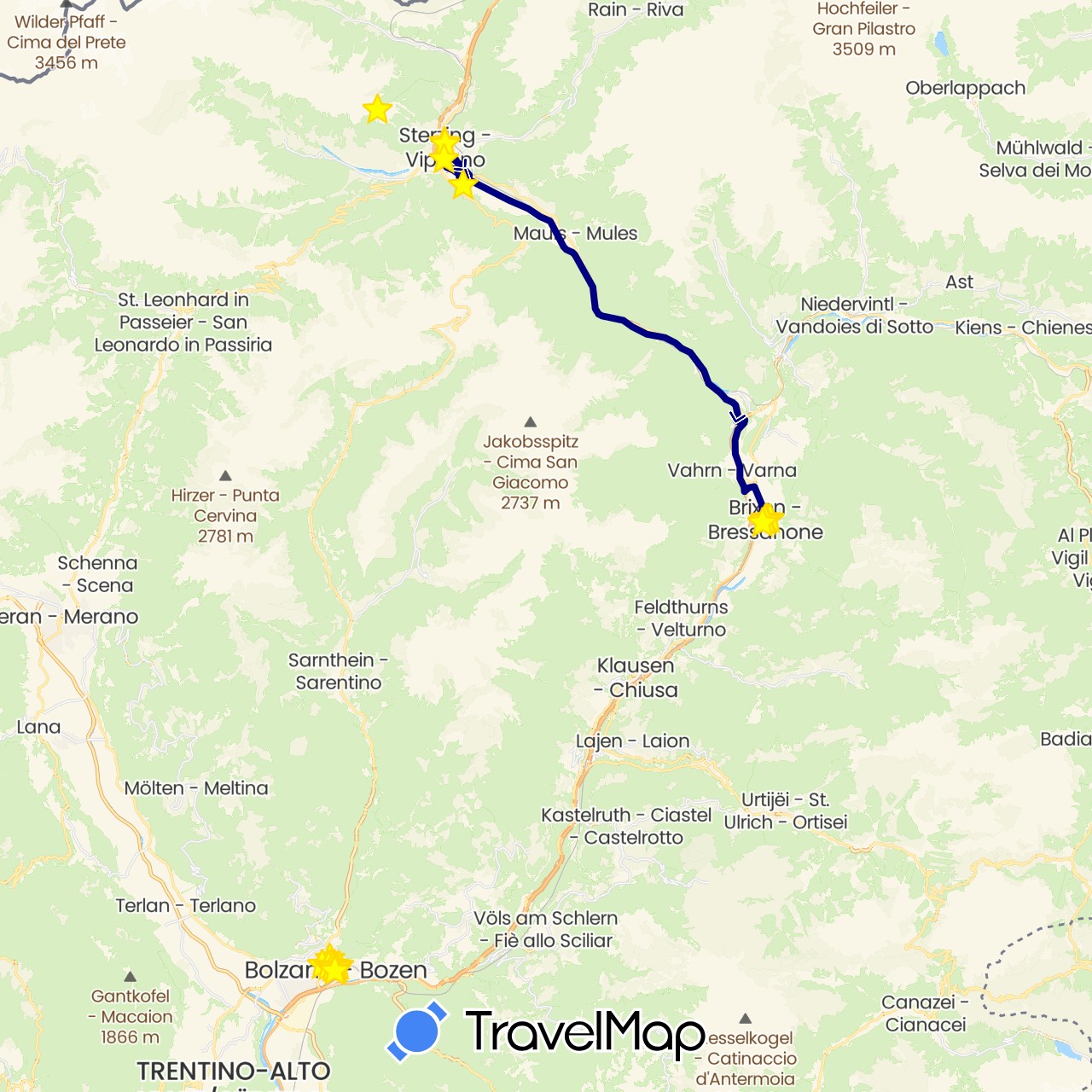 TravelMap itinerary: driving, hiking