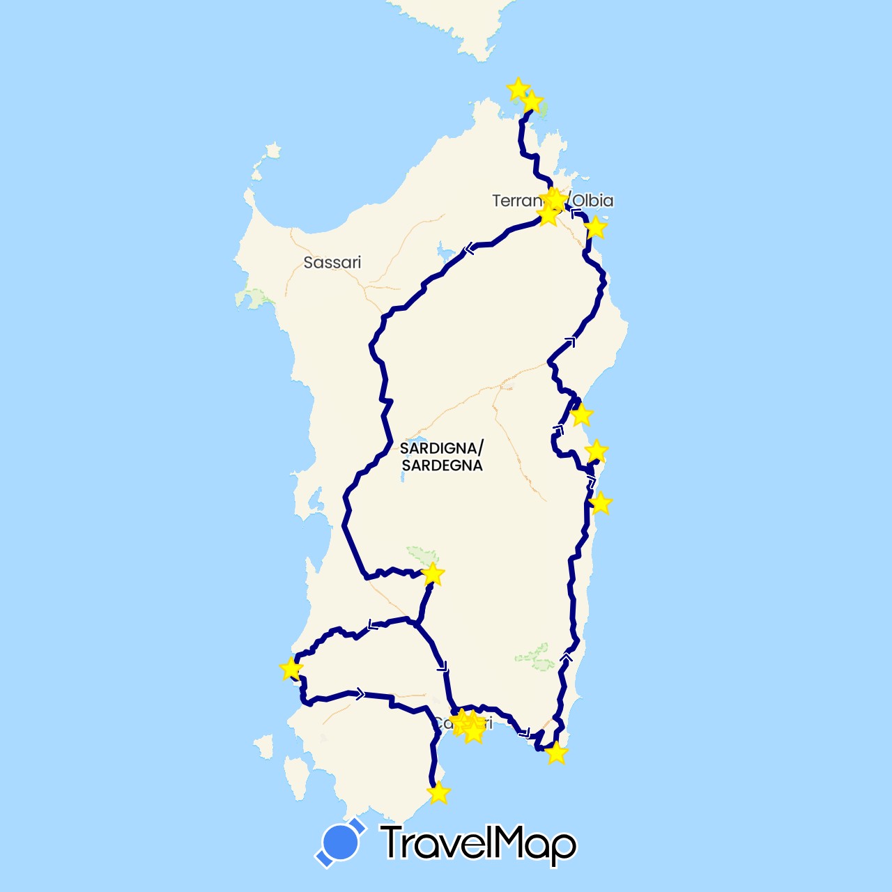 TravelMap itinerary: driving, hiking, boat